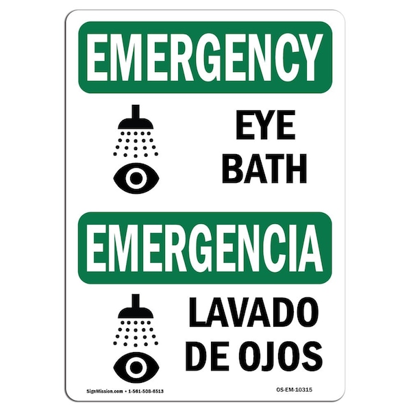 Safety Sign, OSHA EMERGENCY, 3.5" Height, Eye Bath, Landscape, OS-EM-D-35-L-10315-10PK